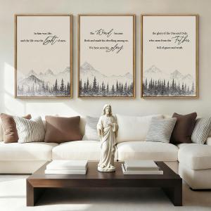 IARTTOP Extra Large Christian Bible Verse Framed Wall Art 24x36 Inch Set of 3 Jesus Catholic Biblical Scripture Canvas Wall Decor Minimalist Grey Mountain Landscape Prints for Living room Dining room