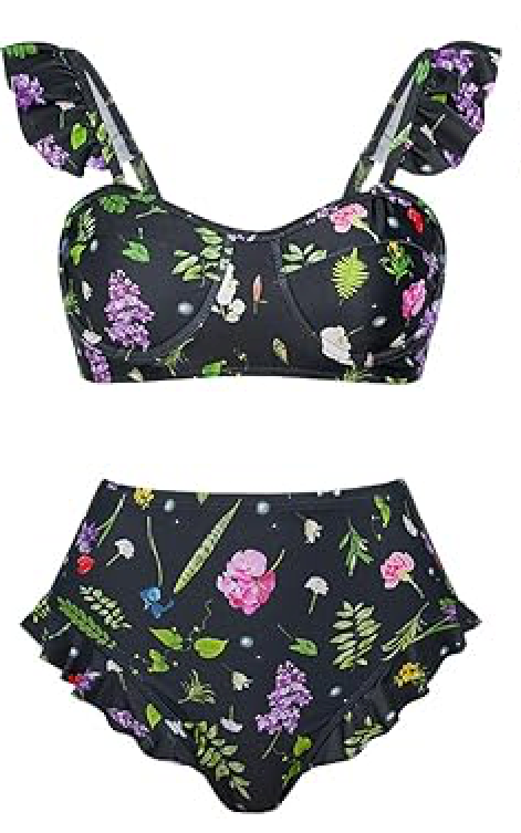 Womens 2 Piece Swimsuits with Cover Up 2 Pieces Bikini Set with Sarong High Waisted Bikini (Medium, Black Flower)