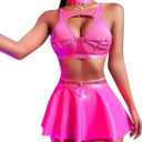 ABAFIP Women Rave Outfits Metallic Mini Skirt Cutout Crop Bra Top Choker Strappy Festival Dancewear Set (Medium, Rose)
