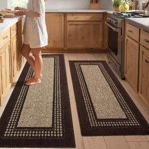 Kitchen Rugs Set,Non Slip Kitchen Mats for Floor-Thick Stain Resistant Kitchen Floor Mat Runner Carpet for Hallways Entryway Laundry Room Washable(20"x48"+20"x59",Brown)