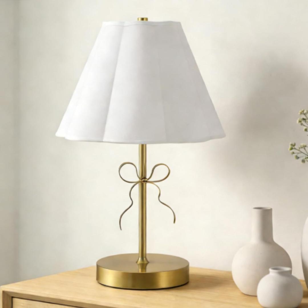 Gold Bow Table Lamp for Girls Room 16 Inch Large Coquette Bow Table Lamp with Scalloped Fabric Shade Modern Decorative Desk Light for Nightstand Living Room Nursery Bedroom