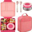 Bento Lunch Box Set for Kids with 8oz Soup Thermo, Leak-Proof Lunch Containers with 4 Compartment, Kids Thermo Hot Food Jar and Insulated Lunch Bag for Kid to School-Pink