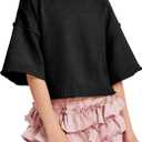Girls Short Sleeve Sweater Kids Summer Oversized Cropped Sweaters Casual Crewneck Lightweight Knit Tops 5-14Y (Black)