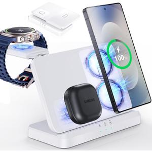 EGV Wireless Charger for Samsung  3 in 1 Wireless Charging Station for Galaxy S26 Ultra S25 S24, Z Fold Flip 7/6, Detachable Watch Charger for Galaxy Ultra 8/7/6, Foldable, Fast Charging, White