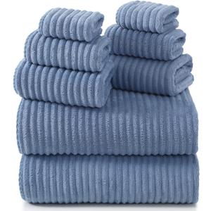 REDKISS Blue Bath Towels Set 8 Piece - Microfiber Bathroom Towels of 8 Large, Highly Absorbent Bath Towel, Soft Shower Towel for Bathroom, Hotel 2 Bath Sheet 2 Hand 2 Washcloths 2 Hair Towel Wrap