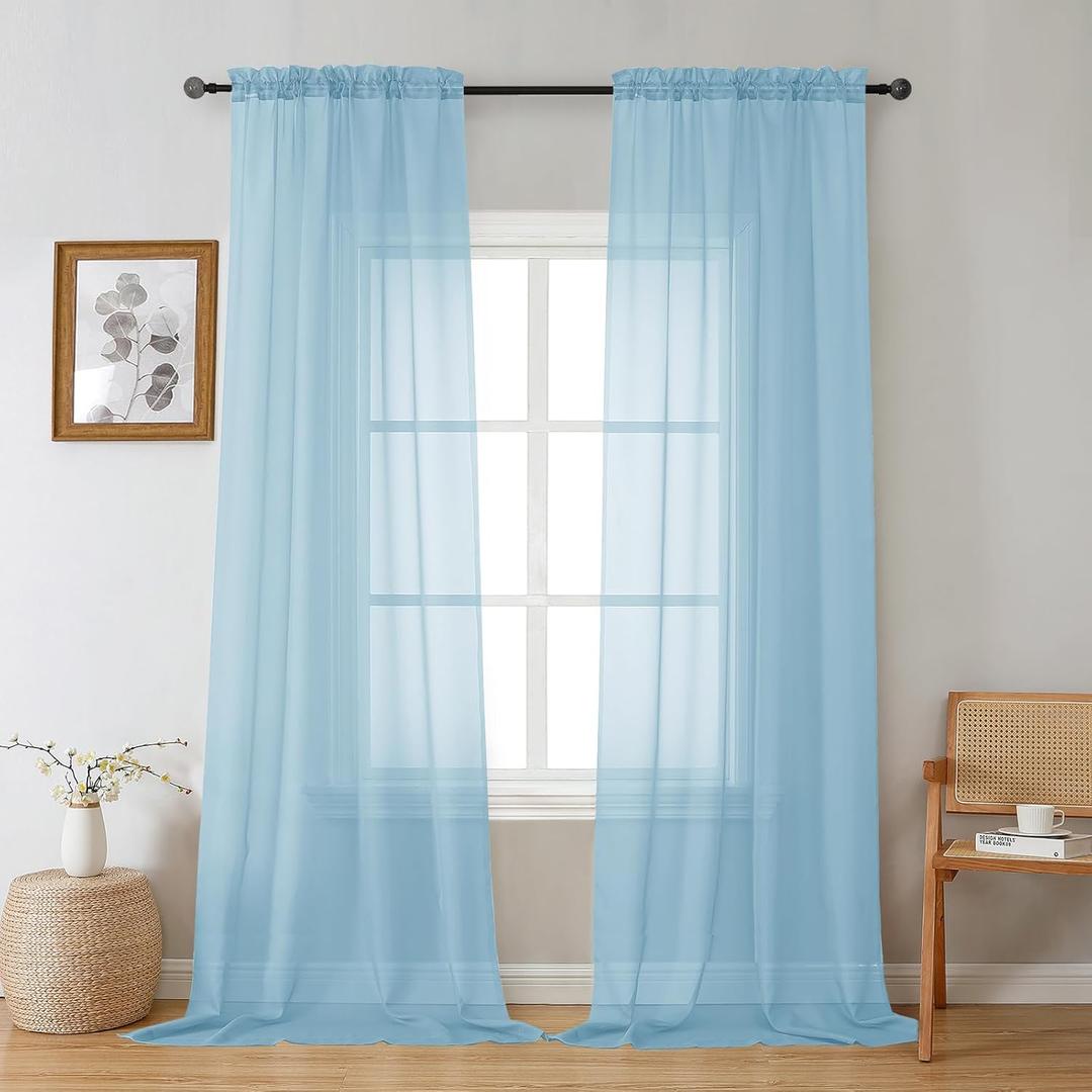 Gwine Sky Blue Sheer Curtains 96 Inches Long 2 Panels, Elegant Window Treatments Voile Curtains for Living Room, Light Filtering Rod Pocket Sheer Drapes, Each 42" Wx96