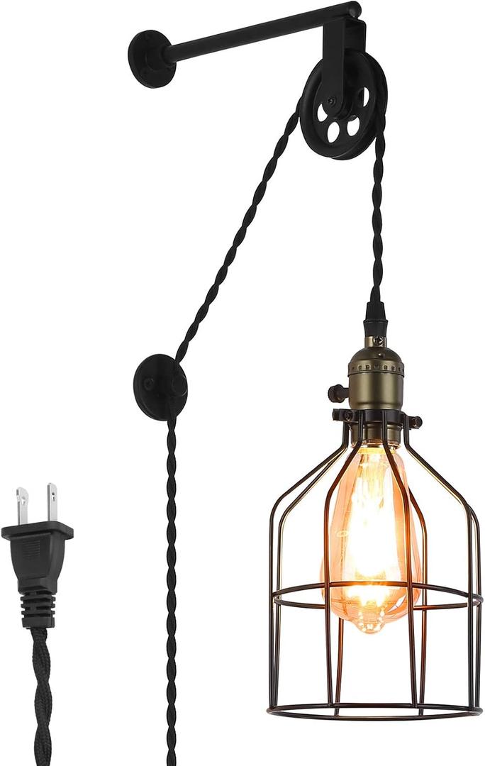 Unique Retro Industrial Cage Wall Lights for Farmhouse Bedroom Bedside Decor, Adjustable Modern Rustic Vintage Wall Sconce Hanging Lamp for Living Room Reading Corner with Plug in Cord(no bulb)