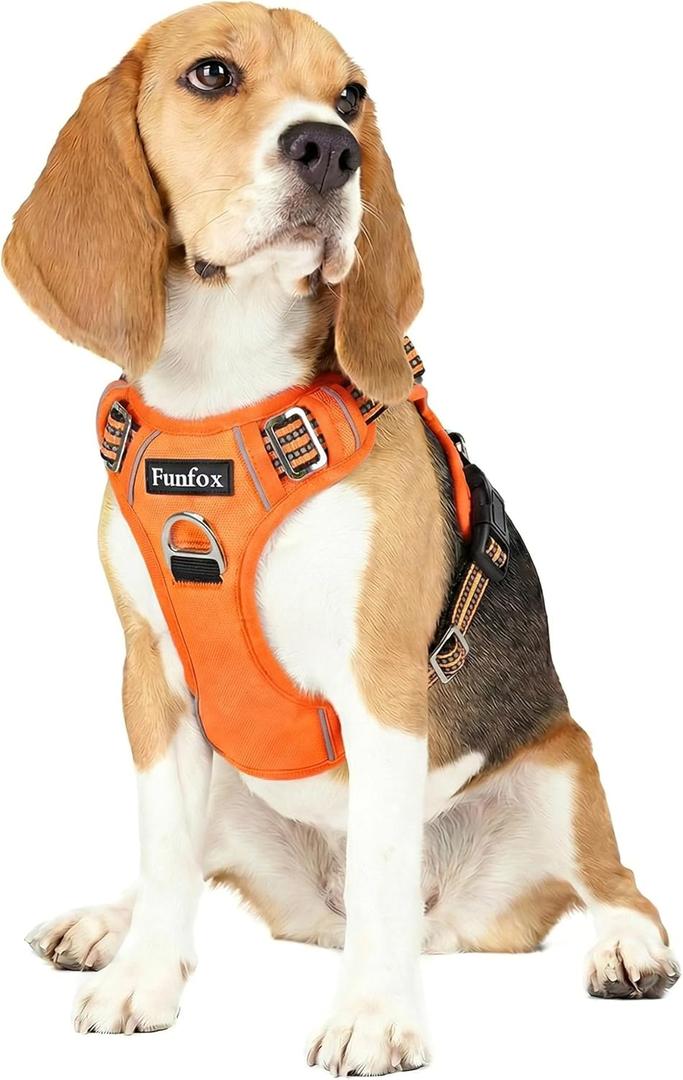 Funfox Dog Harness No Pull, Adjustable Pet Vest Harness, Super Soft Material with Vertical Handle Easy Control, Reflective Night Walking, 2 Leash Clips for Medium Sized Dogs, Orange, M