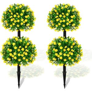 Daifunli 2 Pcs 28 in Artificial Boxwood Double Ball Fake Topiary Tree with Flowers Outdoor Plants, UV Resistance Faux Shrub Realistic Bush Greenery Potted for Indoor Garden Yard Porch Decor(Yellow)