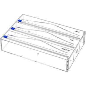 Tin Foil Organizer for Drawer with 12 Labels, Plastic Wrap Dispenser with Cutter, 3 in 1 Acrylic Aluminum Foil Holder, 2 Drawer Organizer for Kitchen Compatible with 12" Roll