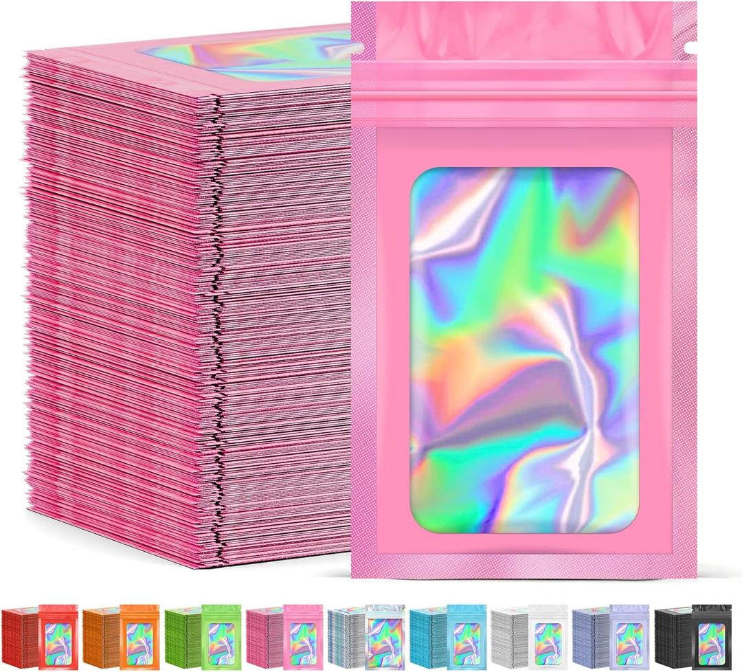 300 Pcs Mylar Bags, Smell Proof Bags Foil Pouch, Holographic Resealable Bags for Small Business, Candy Sample Jewelry Bag Sealable Packaging for Party Favor Food Storage (3x5in-Pink)