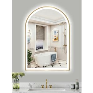 Gold Arch Mirror with Lights, 24x36 Inch Led Mirror for Bathroom, Wall-Mounted Mirror with Anti-Fog, Memory Function, 3 Color Temperature, Dimmable Led Bathroom Mirror