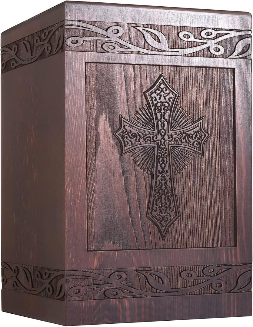 Cremation Urns for Human Ashes Adult Male Female, Wooden Carved Cross Urns Box and Casket for Ashe Men Women Child, Pets Cat Dog Urn, Burial Funeral Memorial Urns for Ashes, Holds 222 Cubic Inch