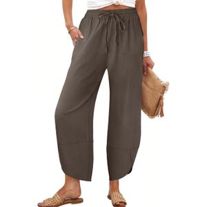 Caracilia Womens Wide Leg Pants Barrel Palazzo Casual Flowy Beach Vacation Cropped Summer Drawstring Capris with Pockets (Medium, Coffee)