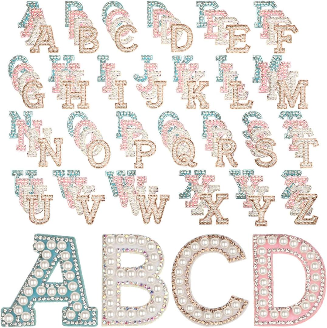 Zeyune 104 Pcs Rhinestones Pearls Iron on Decorative Letter Patches A-z Bling Glitter English Alphabet Applique for Sew on Clothes Bags Hats DIY Craft Supplies, 4 Colors (Classic Style)