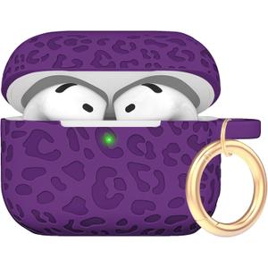 Engraved Leopard Case Compatible with AirPods 4th Generation Cover with Keychain, Skin Soft Cover for Compatible with AirPods 4 Case Full Protection,Front LED Visible, Dark Purple