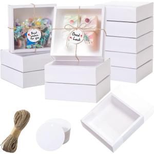 Roowest 50 Sets Kraft Homemade Gift Box Bundle with Blank Tags and Jute String (101 Items) for Jewelry Candy Wrapping Party Favor(6.5 x 6.5 x 2 Inch,White)