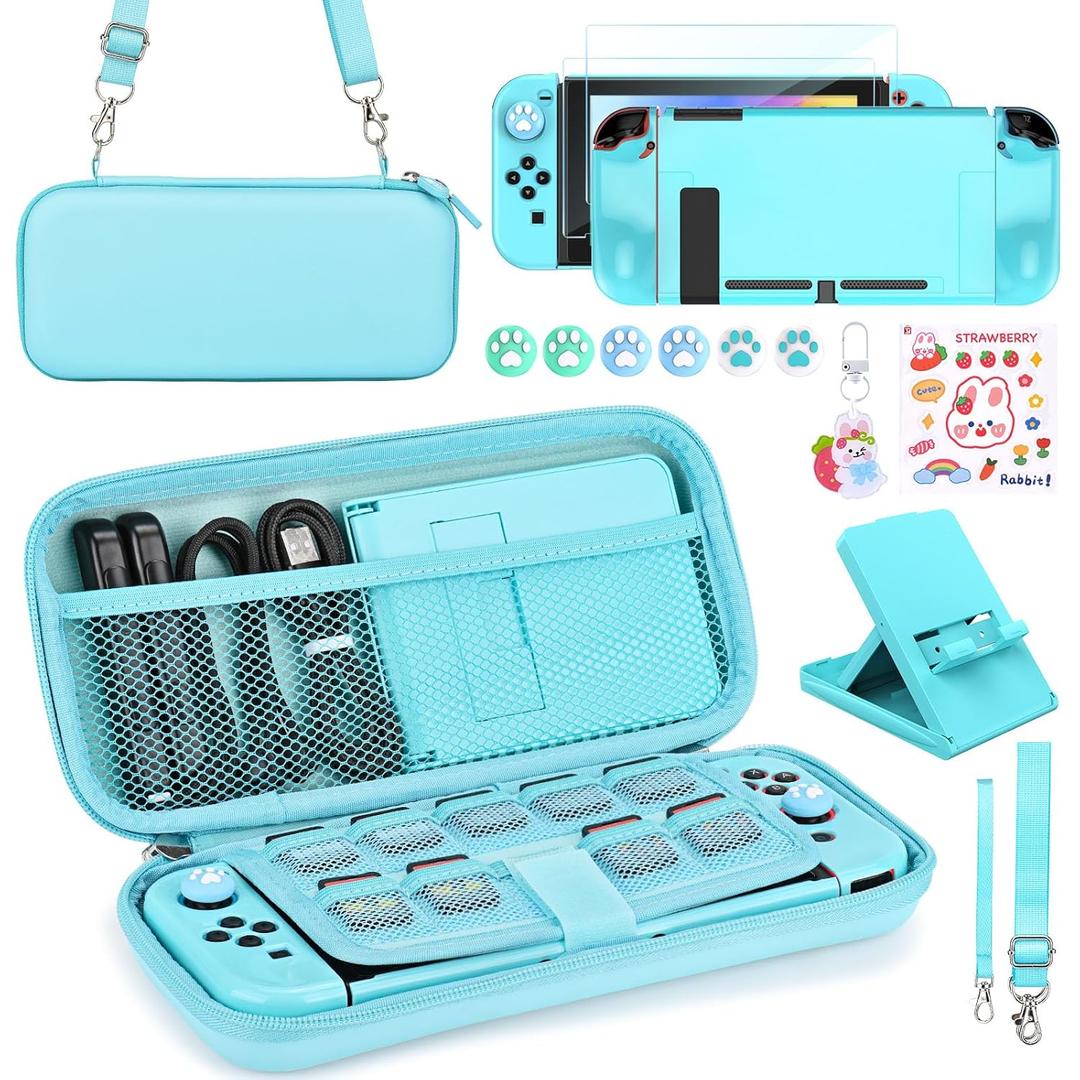 Younik Switch Accessories Bundle, 17 in 1 Blue Switch Accessories Kit for Girls Include Switch Carrying Case, Adjustable Stand, Protective Case for Switch Console & J-Con(Blue)