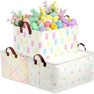 3 Pack Easter Storage Baskets Waterproof Canvas with Leather Handles Bunny Basket Box Collapsible Storage Bins Box for Closet Toys Clothes Room Decor Gift Basket