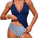 ZAFUL Womens Tankini Swimsuits Smocked 2 Piece Bathing Suits Modest Tie Back Swimwear (Blue, Medium)