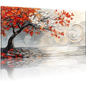 GYJAGHL Tree of Life Wall Art Nature Vivid Red and White tree of life Abstract Textured BigTree Panoramic Landscape Artwork Living room Bedroom Decor 20" x 40"