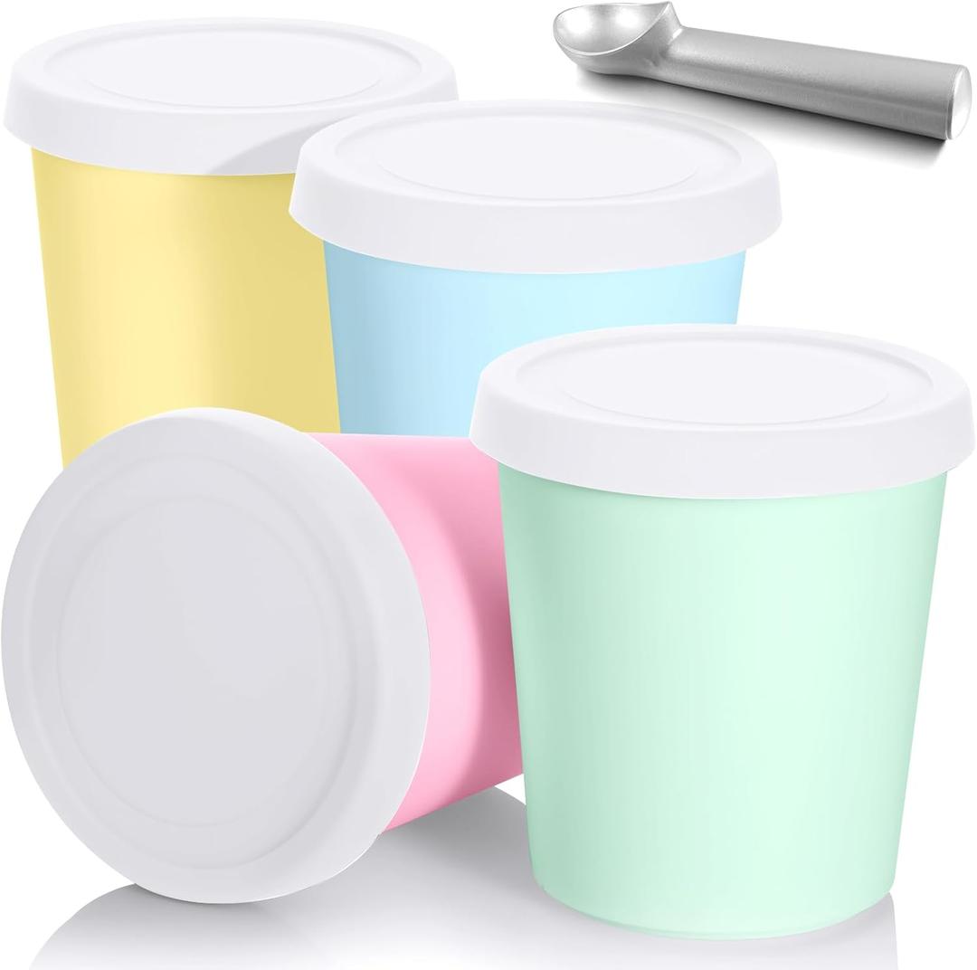 Nuenen 5 Pack Ice Cream Containers 1Qt Freezer Storage Tubs with Silicone Lids and Spoon for Homemade Ice Cream Reusable, Sorbet Dishwasher Safe (Macaron color)