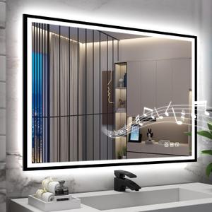 SBAGNO 36''x28'' LED Bathroom Mirror with Lights, Bathroom Vanity Wall Mirror with Buletooth, Anti-Fog, Stepless Dimmable, 3 Colors, Tempered Glass Lighted Vanity Mirror for Bathroom (Rectangular-black)