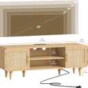 Keehusux Rattan TV Stand for 60 Inch TV, Entertainment Center with Charging Station & Solid Wood Legs, Adjustable Shelf & 2 Cabinet, Boho TV Console, Modern Media Console for Living Room, Natural Oak