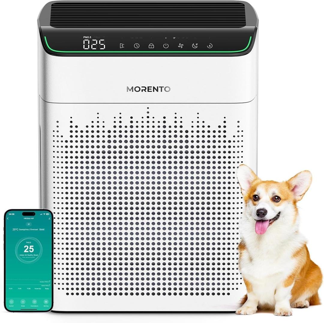 MORENTO Air Purifiers for Home Large Room Up to 1290 ft with PM 2.5 Air Quality Monitor, Wi-Fi and Alexa compatible, HEPA Auto Mode Double-sided Air Inlet for Smoke and Odor, 23db, MR5866, White