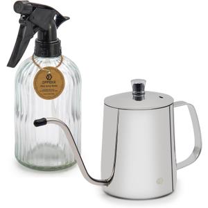 OFFIDIX Watering Can for Indoor Plants,Long Spout Metal Stainless Steel 21 oz Watering Can with 14 oz Glass Plant Mister Spray Bottle for House Plant Bonsai