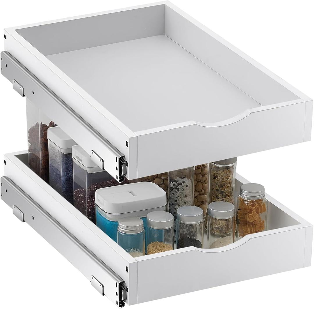 Menkxi 2 Set Pull out Tray Cabinet Organizer Wooden Pull Drawers storage Slide out Pantry Shelf for Base Cabinet Kitchen Gentle Close Fully Assembled Accessories(White,15'' X 21'' X 3'')