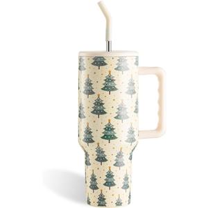 Christmas Gifts for Women, Christmas Tumbler 40 oz Tumbler with Handle and Straw Cup Holder Friendly Insulated Travel Mug Stainless Steel Water Bottle (White Tree)