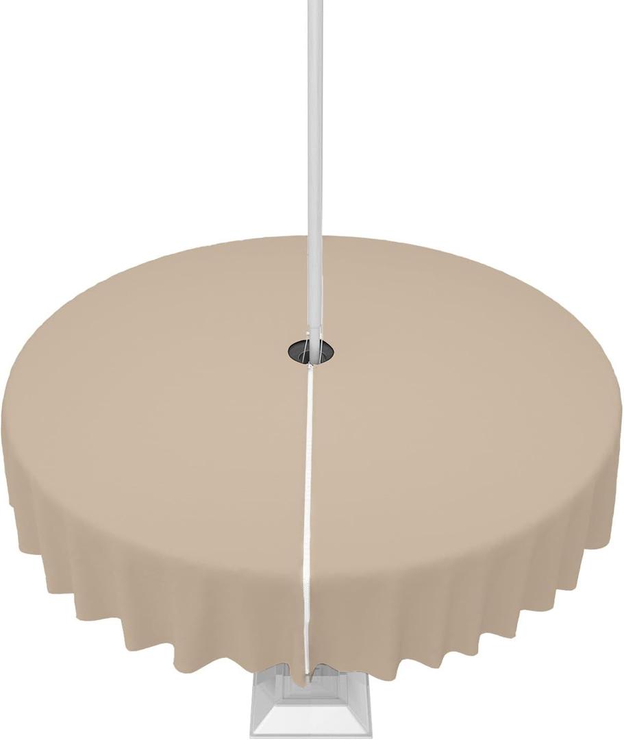 QueenKer Light Khaki Outdoor Tablecloth with Umbrella Hole and Zipper, Solid Color Table Cover for Round Tables Waterproof Tabletop Collection for Patio, Garden, Picnic, Camping 60R