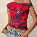 PRETTYGARDEN Women's Off Shoulder Tops 2026 Summer Going Out Crop Tank Tops Asymmetrical Floral Mesh Tight Y2K Shirts Clothes (S)