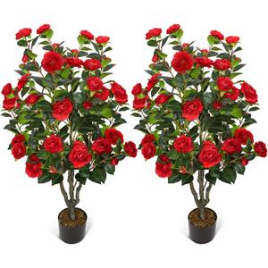 2 Pack Artificial Camellia Tree 42" Faux Floral Trees with 36 Red Blooming Flowers Tall Camellia Plant in Cement Pot with Dried Moss for Porch Front Door Office Shop Home Room