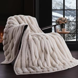 EVERGRACE Soft Luxury Faux Rabbit Fur Throw Blanket for Couch, Cozy Fluffy Channel Throw Blanket for Bed, Fuzzy Warm Thick Mink Blanket with Reversible Plush Velvet for Winter, Beige, 60"x80", 820GSM