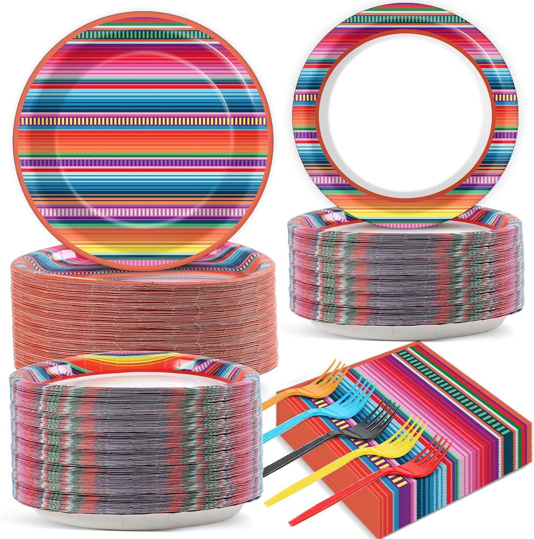 50 Guests Mexican Serape Fiesta Plates and Napkins Party Supplies Cinco De Mayo Party Decorations Disposable Tableware Set Colorful Stripe Mexico Dinnerware Favor for Poncho Dance Pinata Party, 200PCS