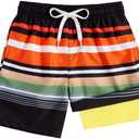 Belovecol Boys Swim Trunks with Compression Liner Size 7 Black and Orange Striped Bathing Suit Swimwear Summer Beach Sports Swim Shorts