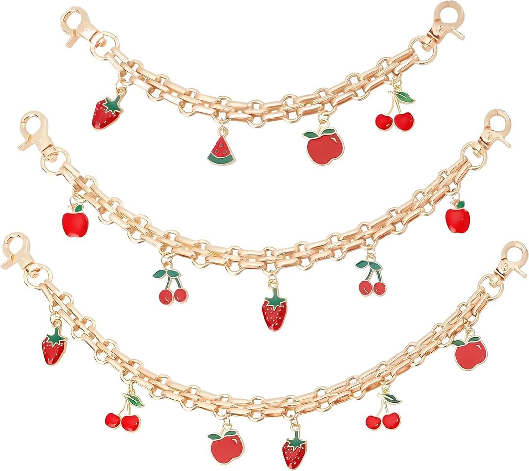 3 PCS Decorative Bag Chains, 8"/9.7"/12" Gold Purse Extenders with Fruit Pendants, Replacement Straps for Tote Shoulder Crossbody Bags