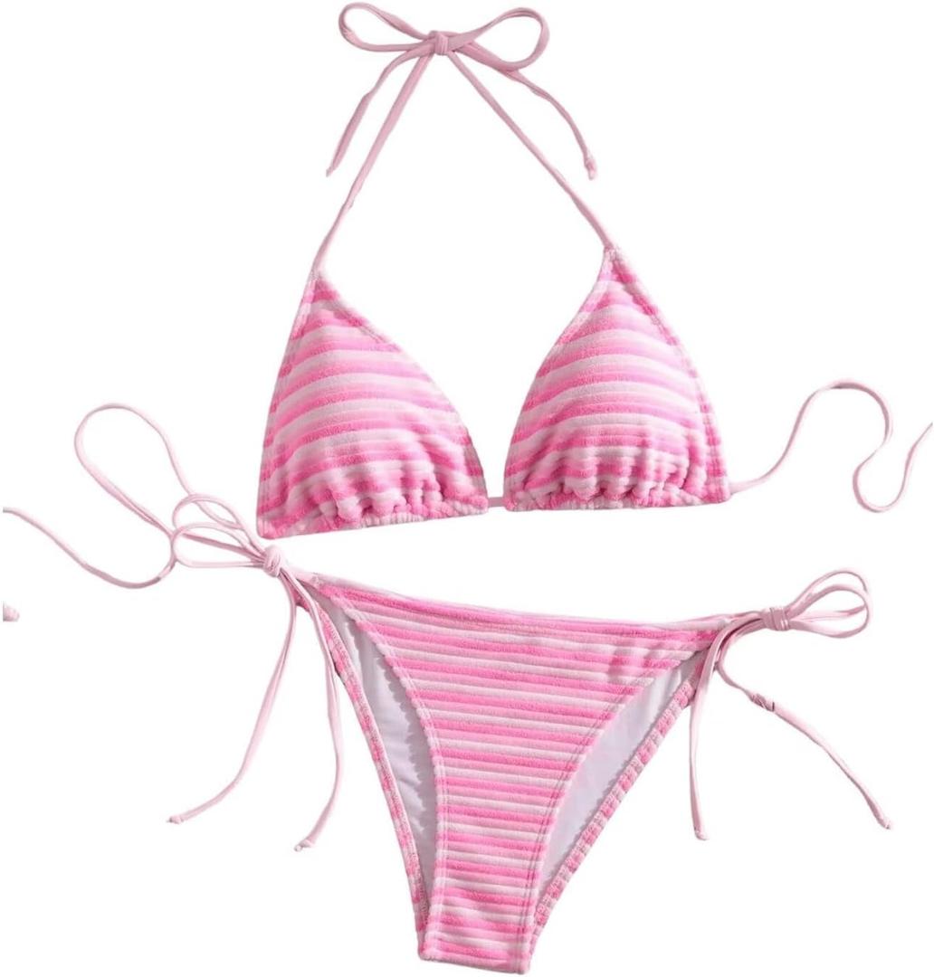 Women's Striped Knot Bathing Suit High Waisted Halter Triangle Swimsuit Bikini Set (Pink, S)