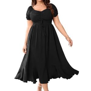 SCOMCHIC Womens Plus Size Summer Maxi Dress Ruched Front Square Neck Smocked Flowy A Line Formal Wedding Guest Dresses Black. 2XL