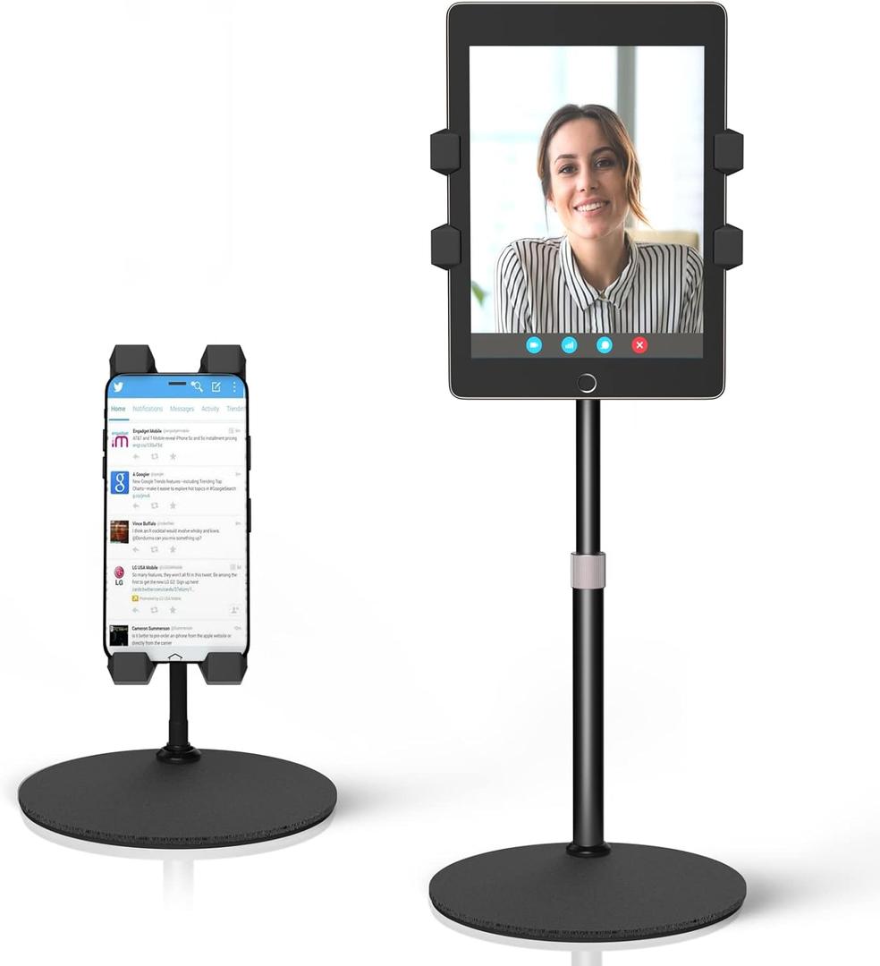 iPad Tripod Stand, Mount Foldable Floor Tripod for iPad, Height Adjustable 360 Degrees Rotating 7 to 12 Inch Tablets Perfect for Facetime, Video, Zoom, Phone Holder, Bluetooth Remote Control