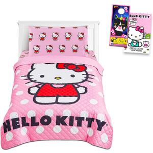 Hello Kitty Sheet Set - Bundle of Bedding with Bedspread, Flat Sheet, Fitted Sheet, and Pillowcase for Twin Bed, More | Bedroom Decor
