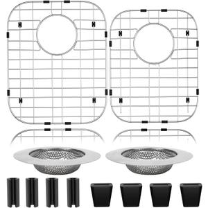 2Pack 304 Stainless Steel Sink Protector for Double Kitchen Sink Rear Drain,(13"x16"& 11.26"x14.5") Metal Sink Grid SinkGrate Sink Rack for Bottom of KitchenSink w/SinkStrainers Rubber feet