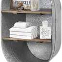 SOFE Galvanized Metal Wash Tub with Shelf, Small Oval Wall Shelf Country Bathroom Decor, 2 Tier Display Shelf Wall Mounted, Farmhouse Laundry, Floating Shelves Bathroom, Living Room