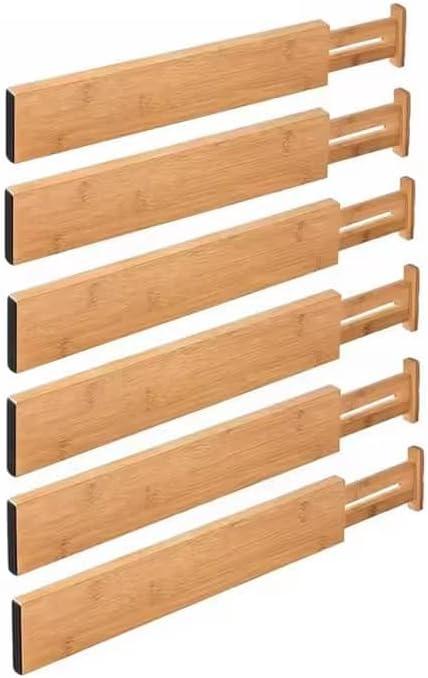 Bamboo Drawer Dividers Adjustable Expandable Drawer Organizer, 6-Pack Bamboo Separators for Kitchen, Dresser, Clothes, Utensils & Home Organization