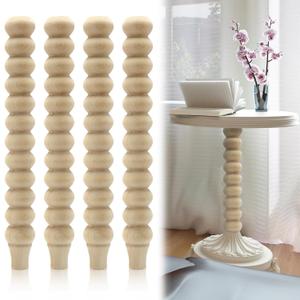 Weysat 4 Pcs Turned Table Legs Unfinished Cottage Farmhouse Rubber Wood Bench Legs Solid Wood Mid-Century Wooden Furniture Coffee Table Replacement, 16" H x 2" W