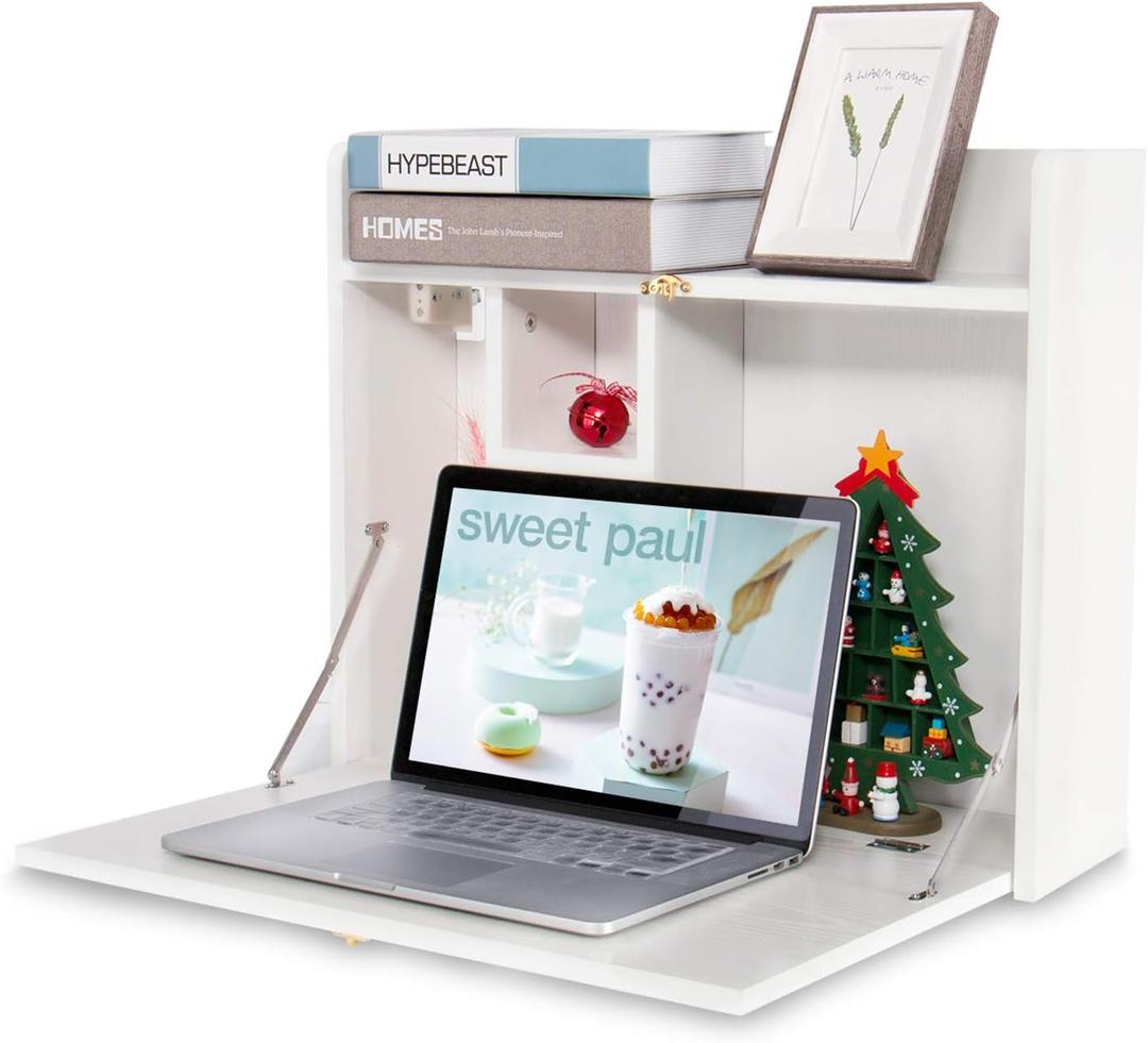 YUSING Wall Mounted Table, Multifunctional Fold Down Wall Mounted Laptop Computer Desk with Storage Compartments for Home, Office, White, 23.5" X 20" X 20"
