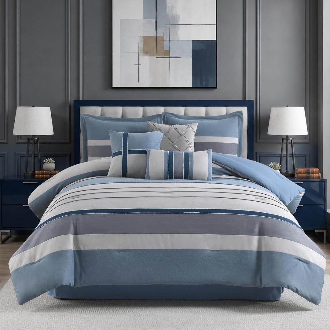 Queen Comforter Set Slate Blue Gray Luxury 7-Piece Suede Bedding