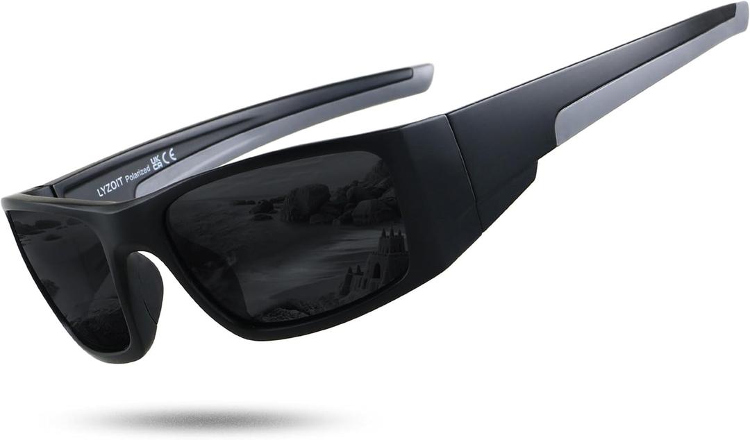 LYZOIT Polarized Sports Sunglasses for Men Women Wrap Around Unbreakable Frame Driving Fishing Cycling Running (Matte Black | Polarized Dark Black)